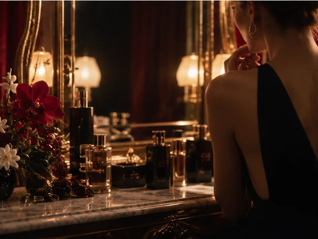 Scandal fragrance mood: refined evening atelier with burgundy flowers and woman in black dress, editorial illustration