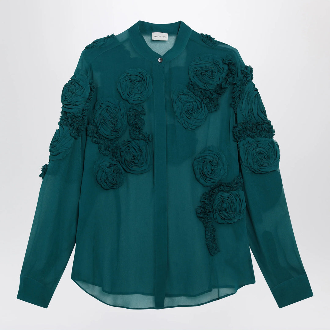 Dries Van Noten - Petrol green shirt with raised rose details