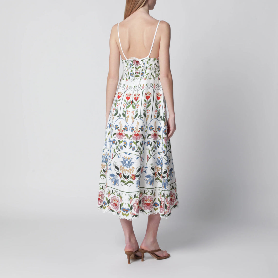 FARM Rio - White midi dress in linen with garden motif
