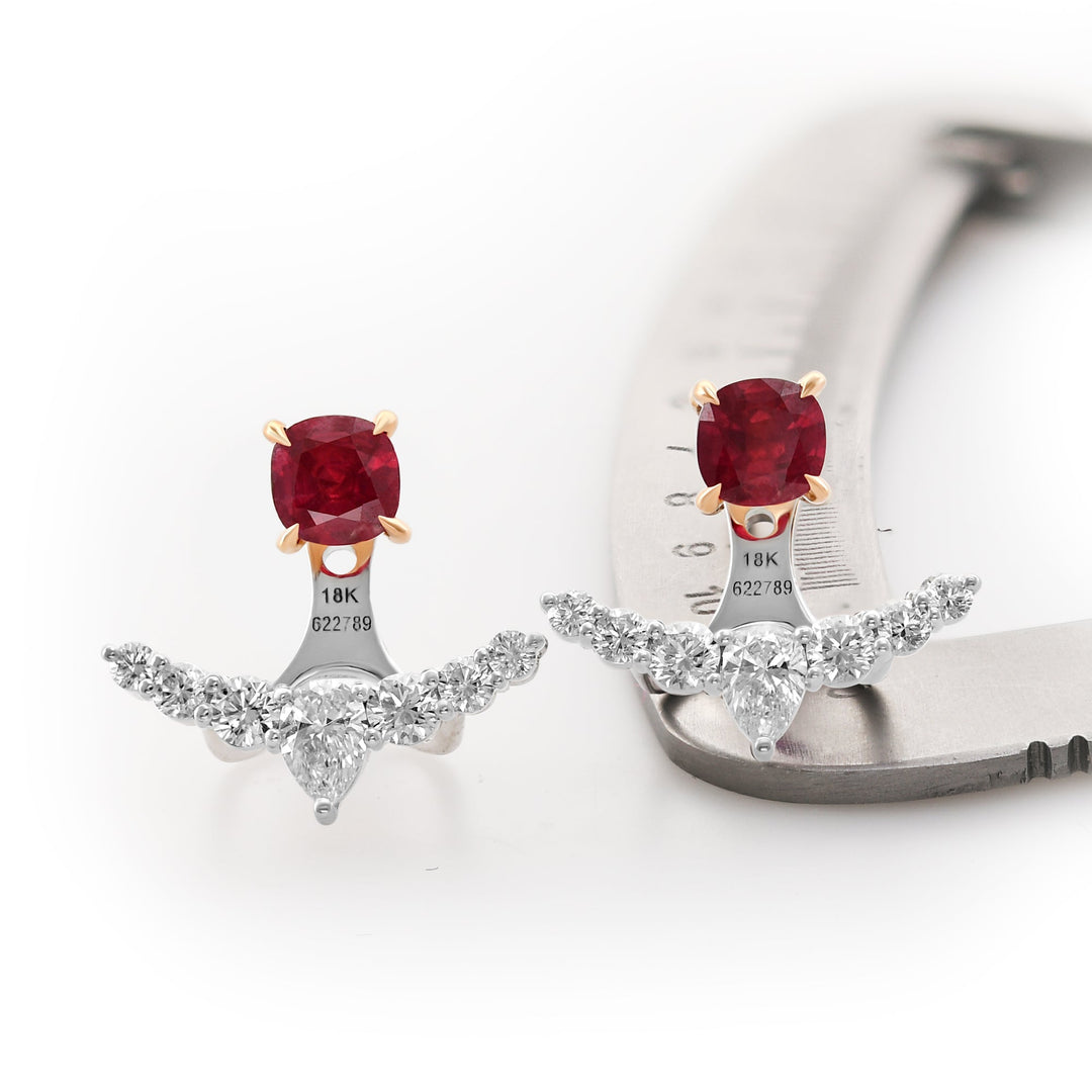 Leibish Red Ruby Studs and Diamond Ear Climbers