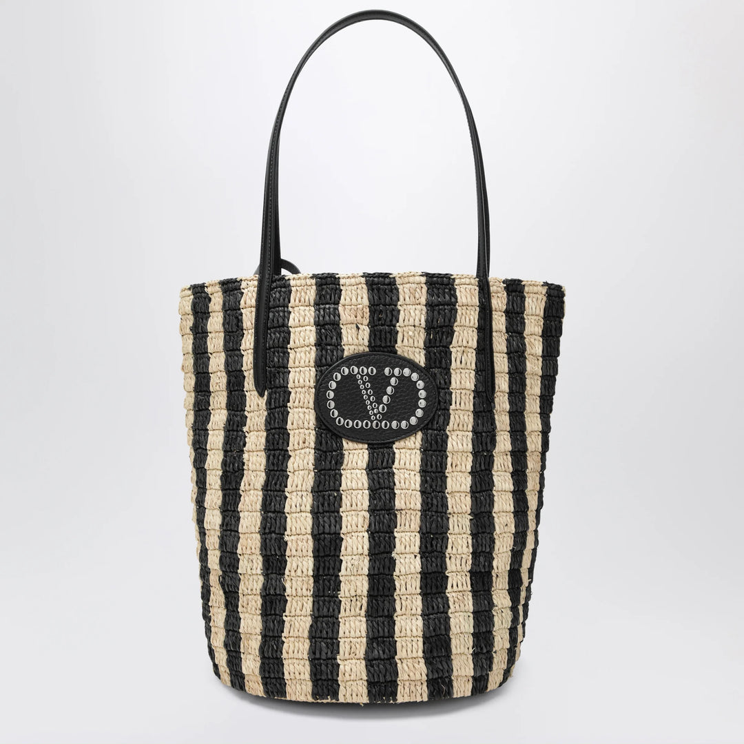 Valentino Garavani - Striped shoulder bag in raffia and leather