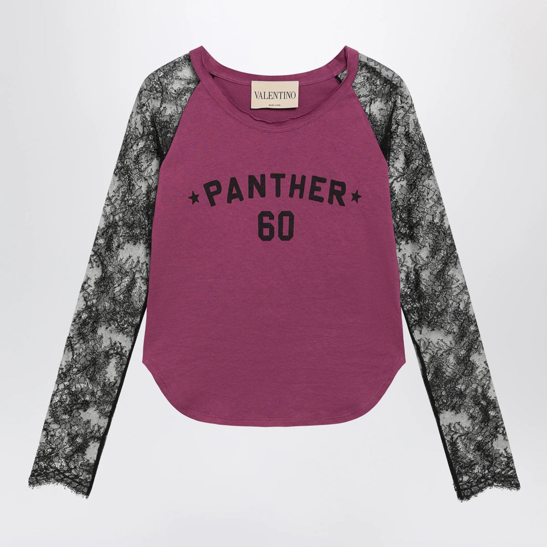 Valentino - Cyclamen Panther 60 T-shirt with black lace sleeves