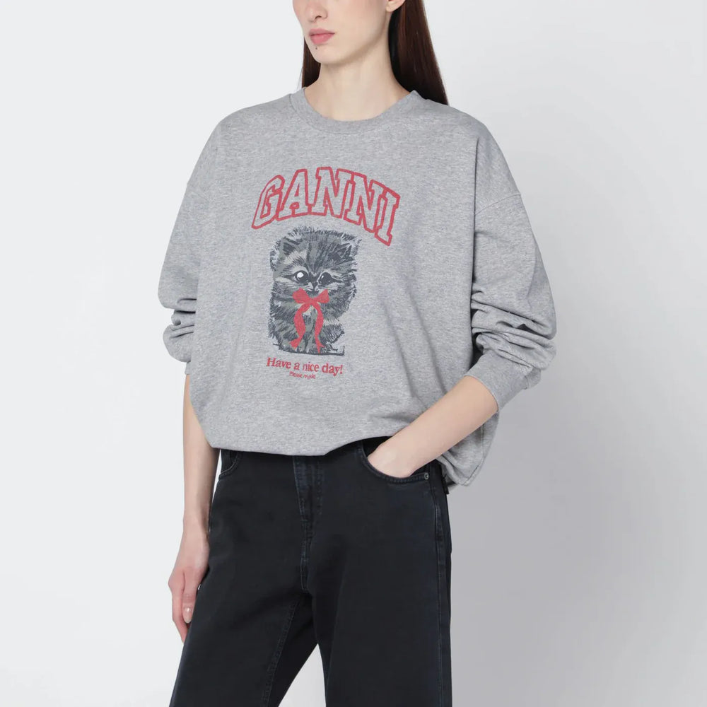 GANNI - Grey Kitty sweatshirt with logo print Brand Shirts & Tops XXS
