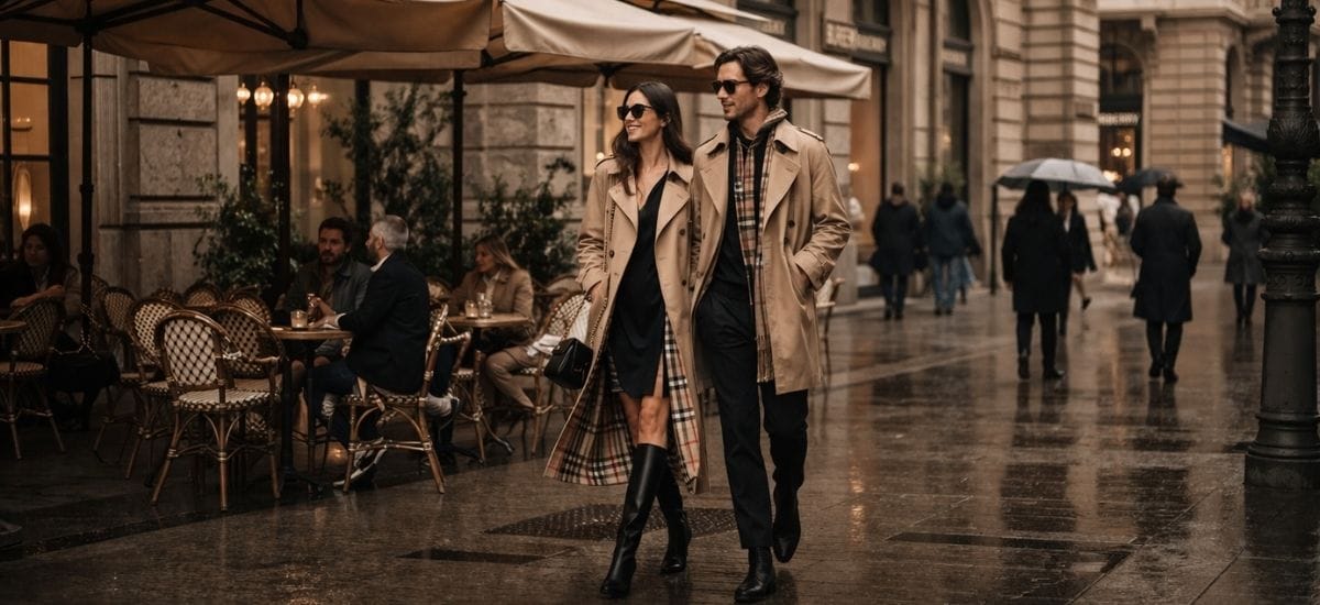 Couple walking together in an urban setting with umbrellas, people in the background