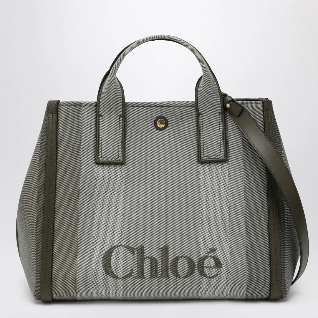 Chloé - Carry tote bag in dark green striped canvas