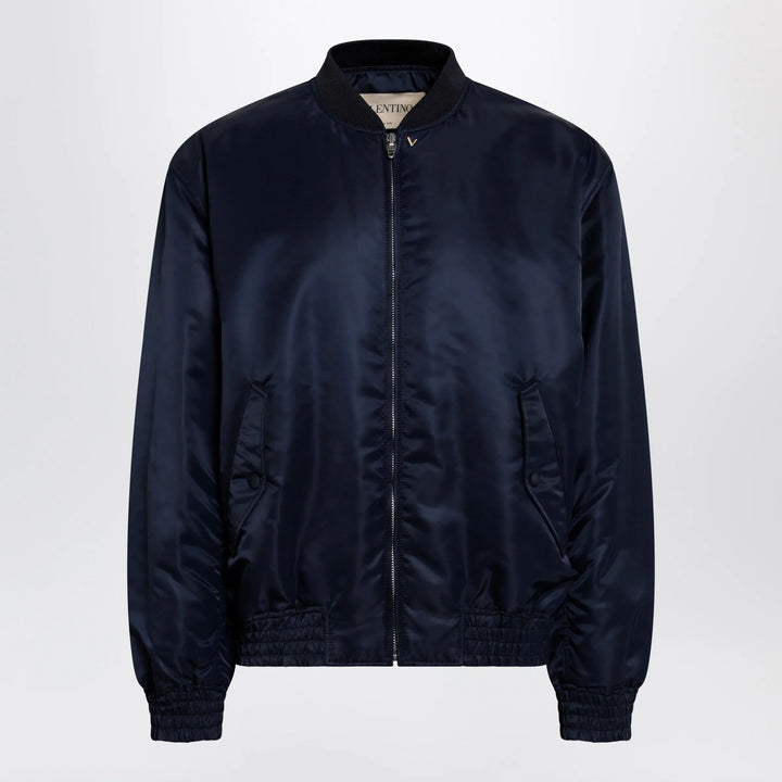 Valentino - Shiny navy blue zip-up bomber jacket with Vlogo Brand Apparel &amp; Accessories > Clothing > Outerwear > Coats &amp; Jackets 46 IT
