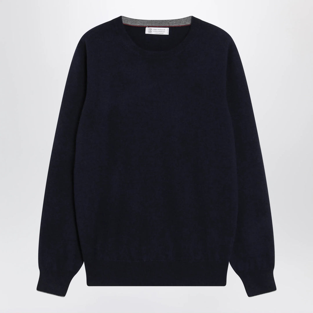 Brunello Cucinelli - Navy blue cashmere crewneck sweater with contrast trim Brand Apparel & Accessories > Clothing > Shirts & Tops 48 IT