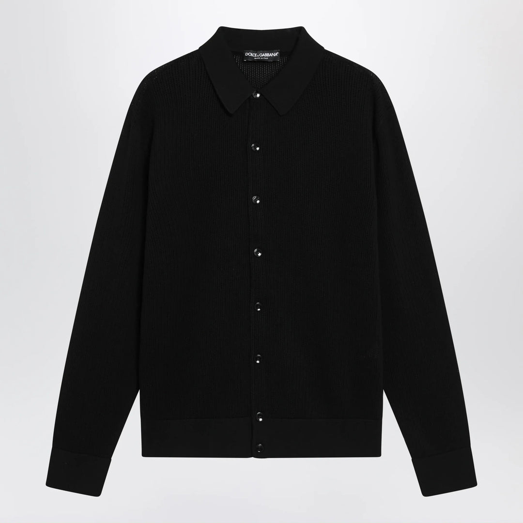 Dolce&amp;Gabbana - Long-sleeve openwork rib knit cotton shirt in black Brand Apparel &amp; Accessories > Clothing > Shirts &amp; Tops 52 IT