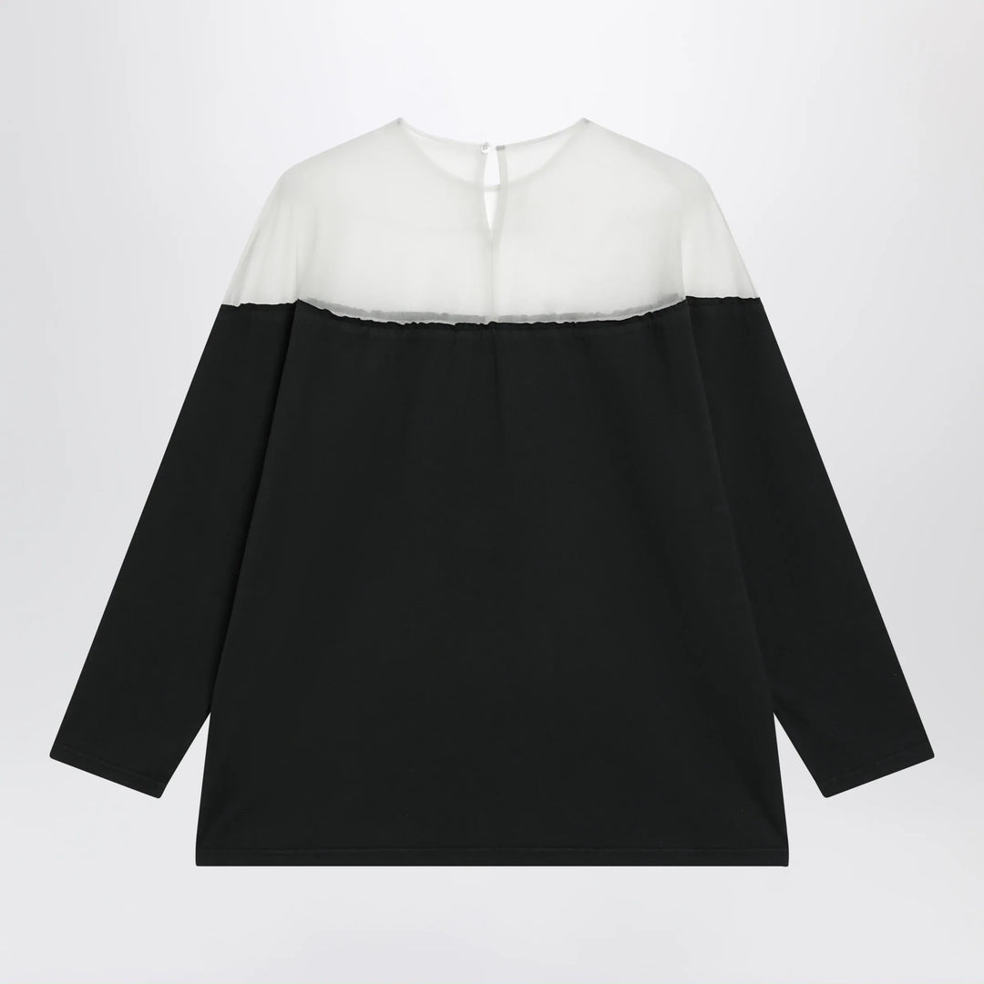 MM6 Maison Margiela - Black top with logo print and sheer insert Brand Apparel &amp; Accessories > Clothing > Shirts &amp; Tops