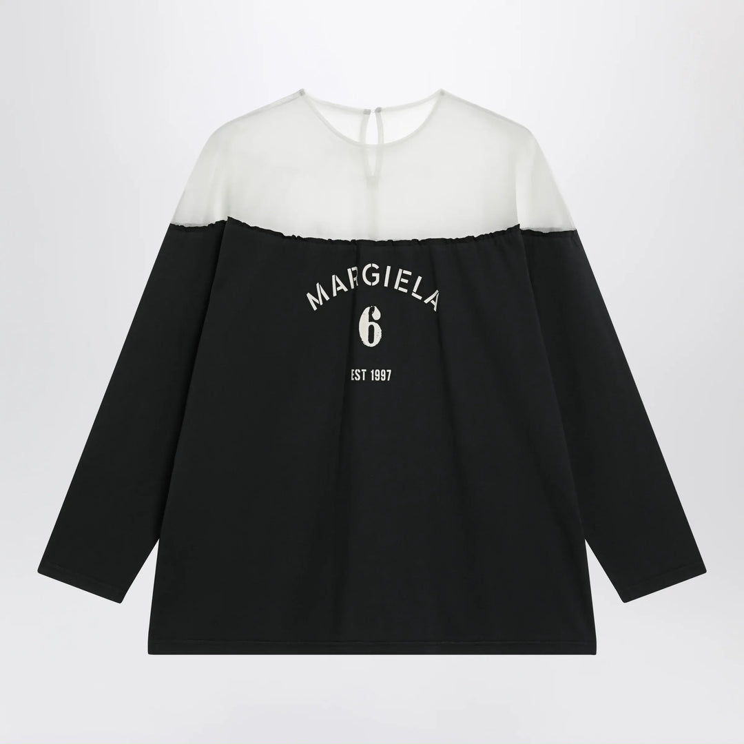MM6 Maison Margiela - Black top with logo print and sheer insert Brand Apparel &amp; Accessories > Clothing > Shirts &amp; Tops XS