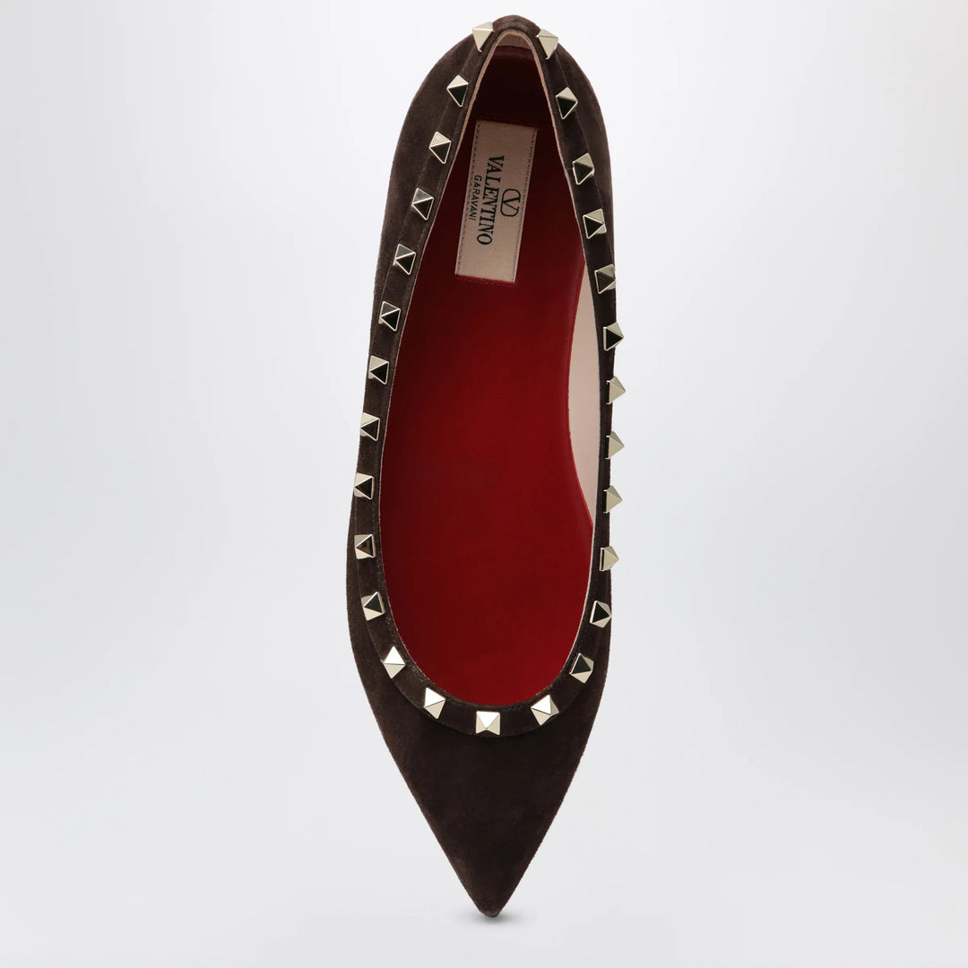 Valentino Garavani - Brown Suede Rockstud Ballet Flats Brand Apparel &amp; Accessories