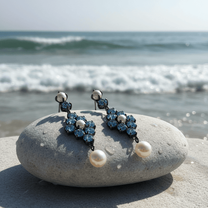 Giora Pendant Earrings With Pearl &amp; Swarovski Crystal Turquoise Brand Earrings