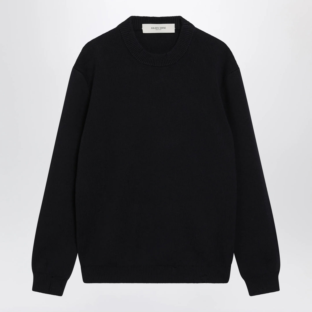 Golden Goose - Dark Blue Cotton-Blend Sweater with Distressed Effect Brand S