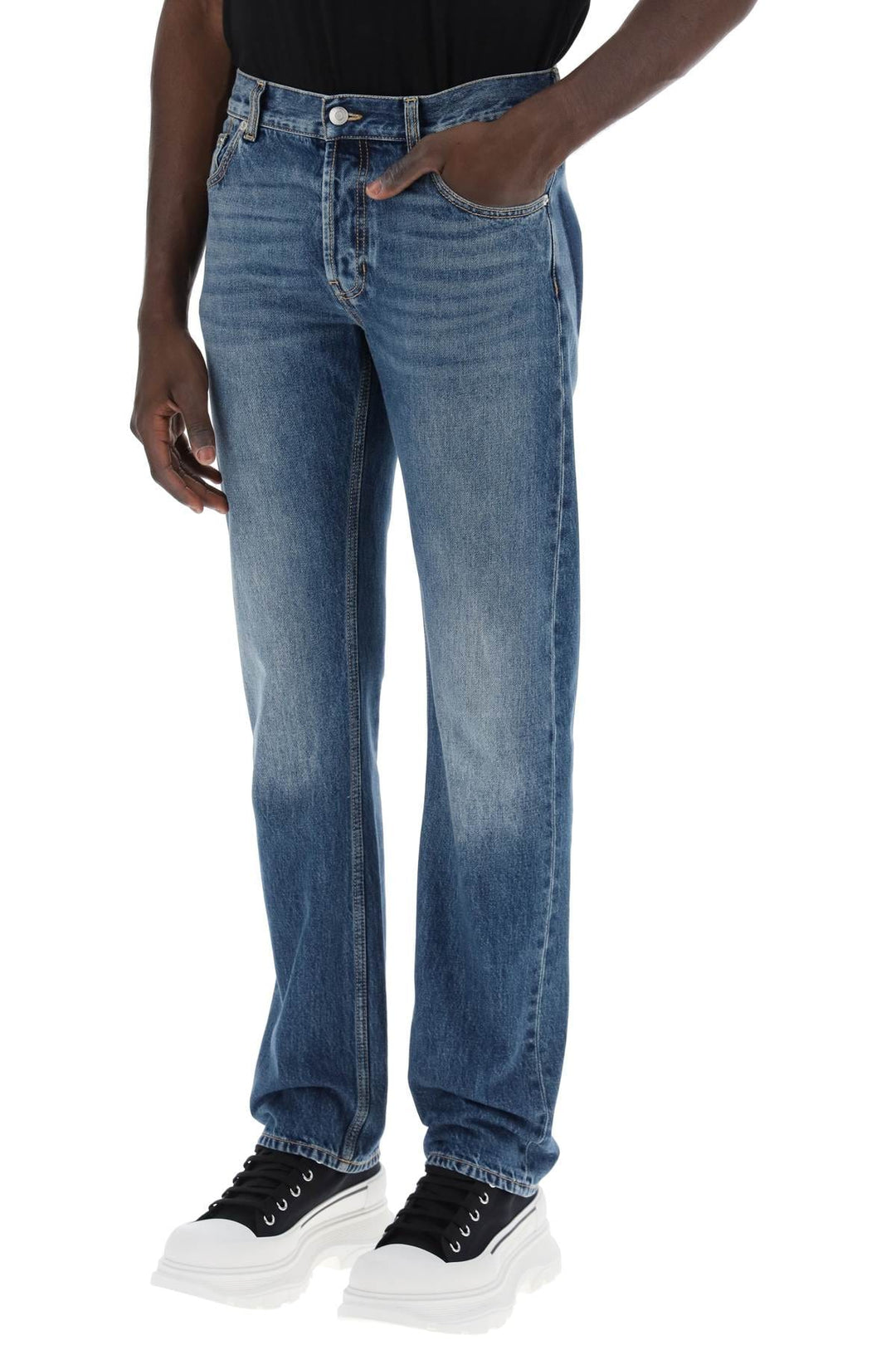 Alexander Mcqueen Jeans 48 Alexander Mcqueen straight leg jeans with faux pocket on the back. Alexander Mcqueen straight leg jeans with faux pocket on the back. Brand