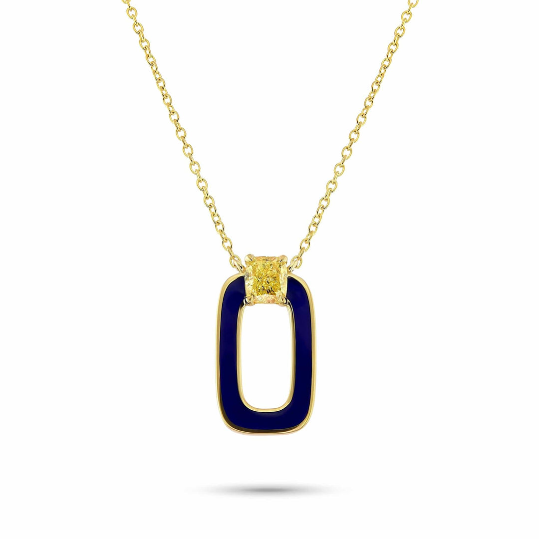 Fancy yellow cushion diamond and blue enamel pendant Brand Necklace