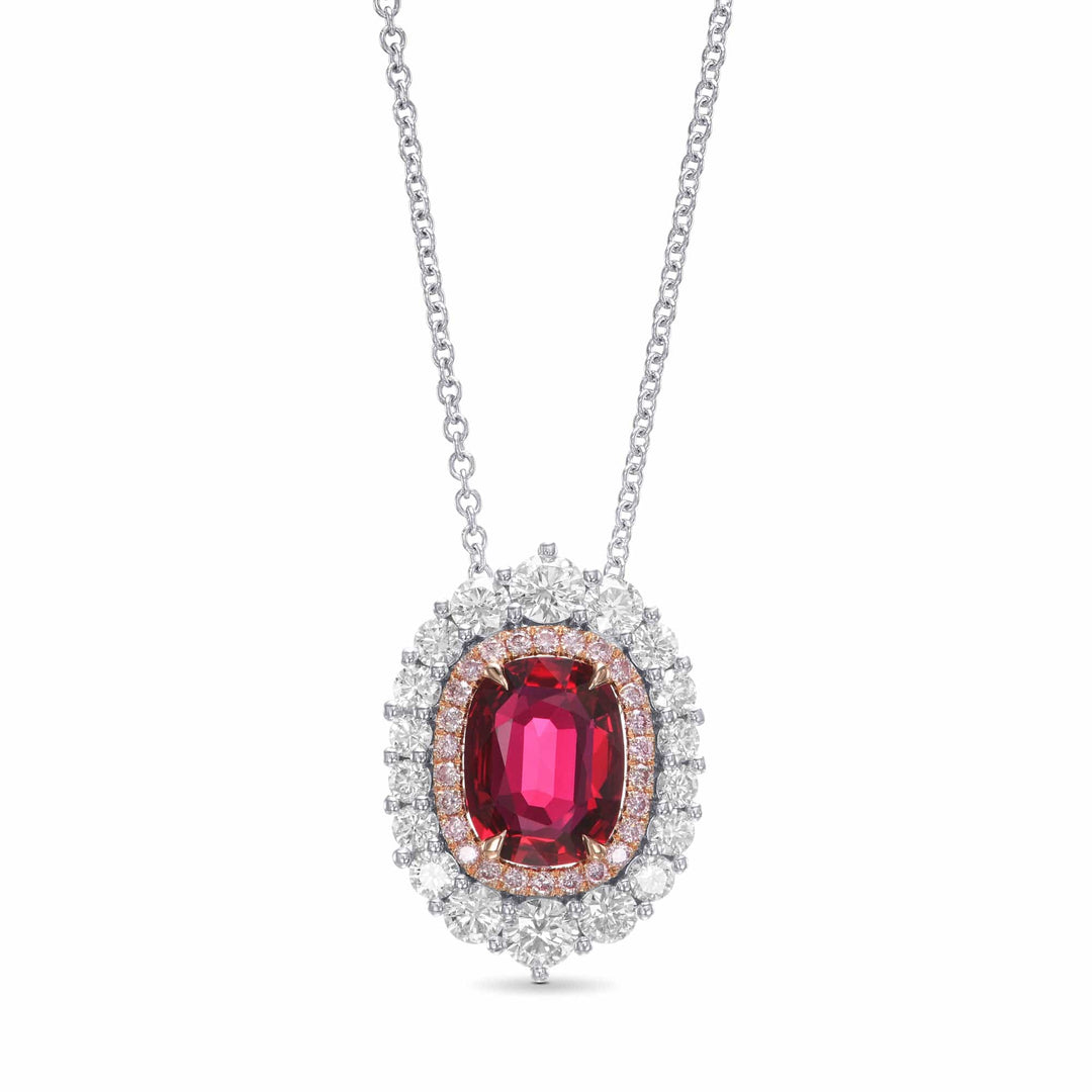 LEIBISH 2.29ct Pigeon Blood Ruby Double Halo Pendant Brand Necklace