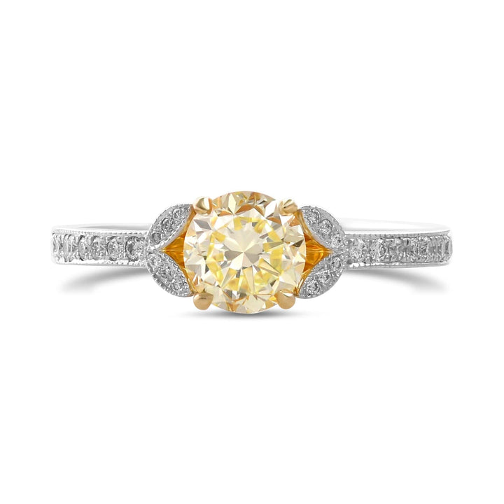 Fancy Yellow Round &amp; Pave Side Stone Diamond Ring Brand Ring