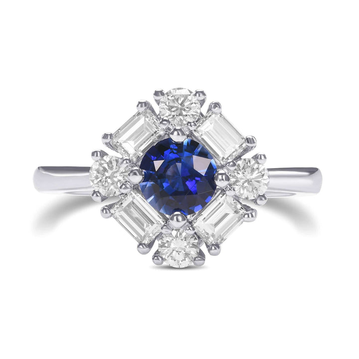 Round Blue Sapphire and Diamond Halo Ring Brand Ring