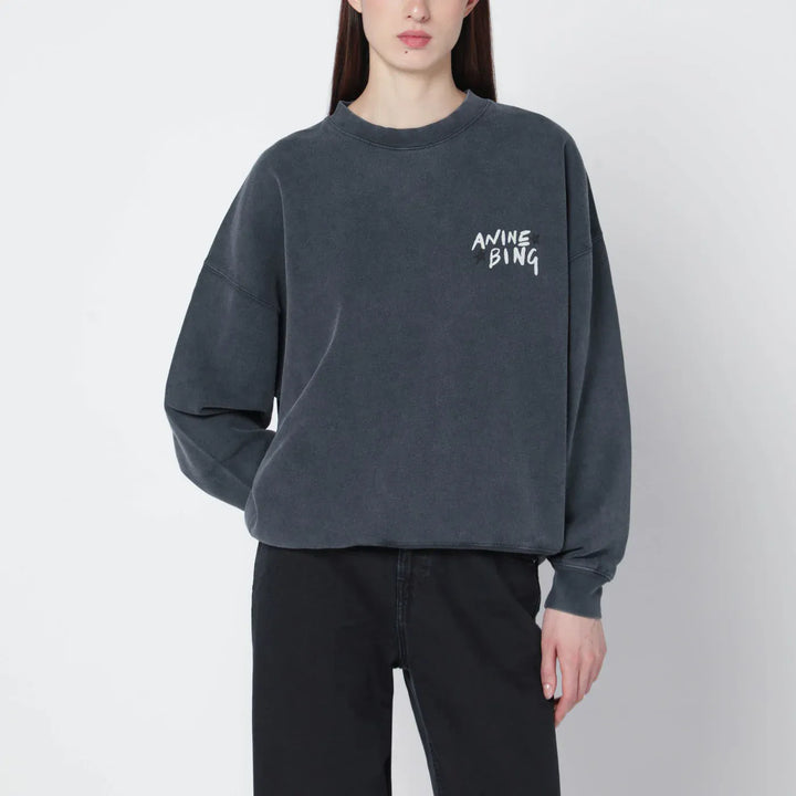ANINE BING - Black washed oversized sweatshirt with logo Brand Shirts &amp; Tops