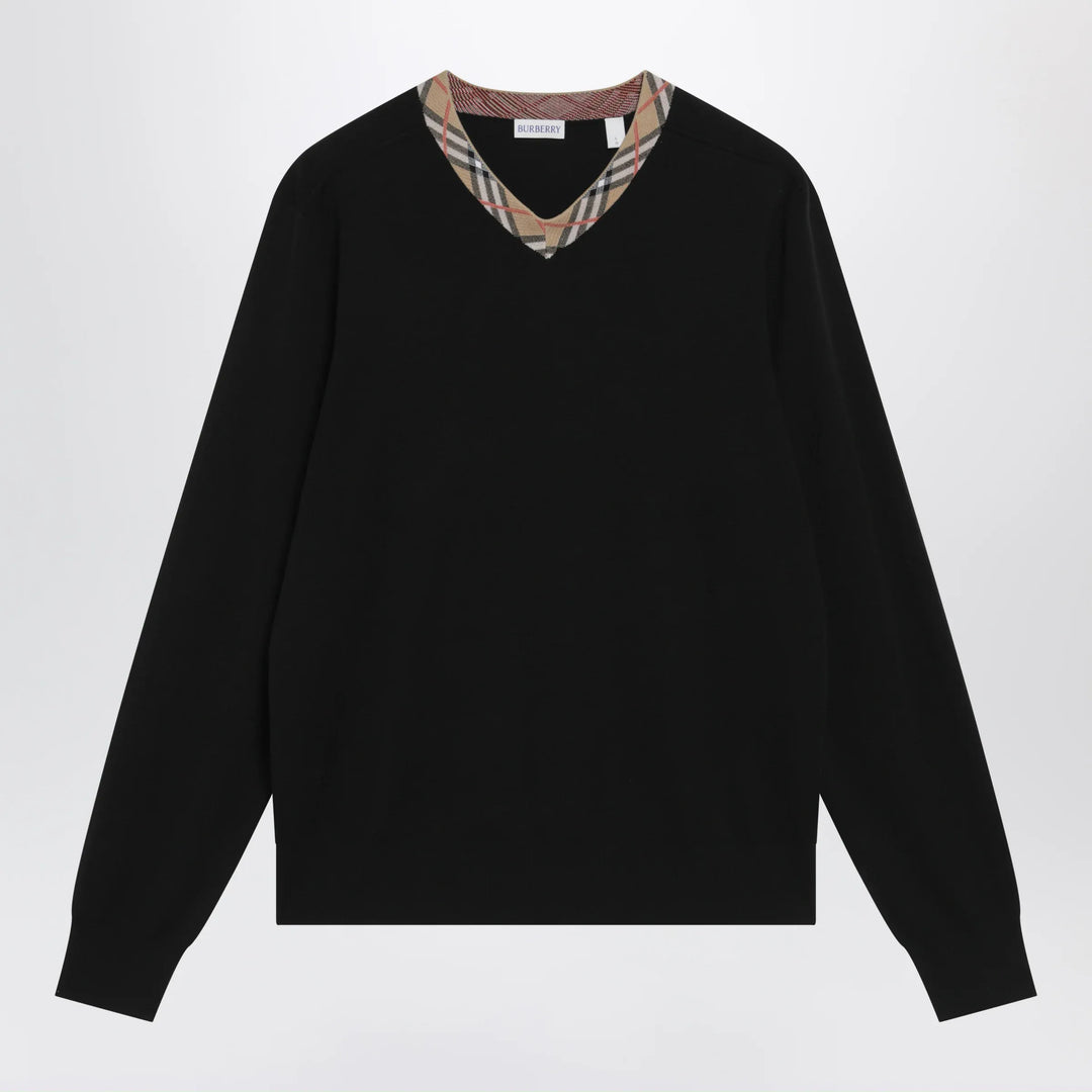 Burberry - Black wool sweater with Check motif neckline Brand Shirts &amp; Tops S