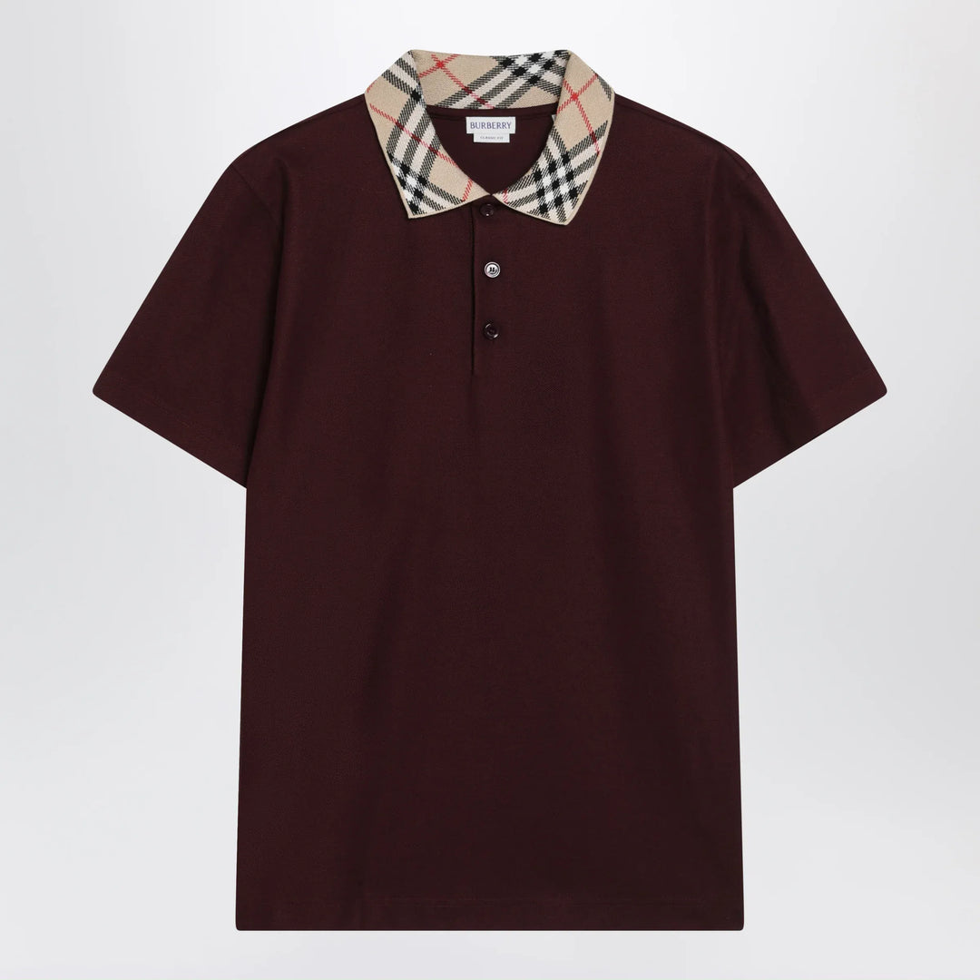 Burberry - Cotton polo shirt with Check collar in vineyard red Brand Shirts &amp; Tops S