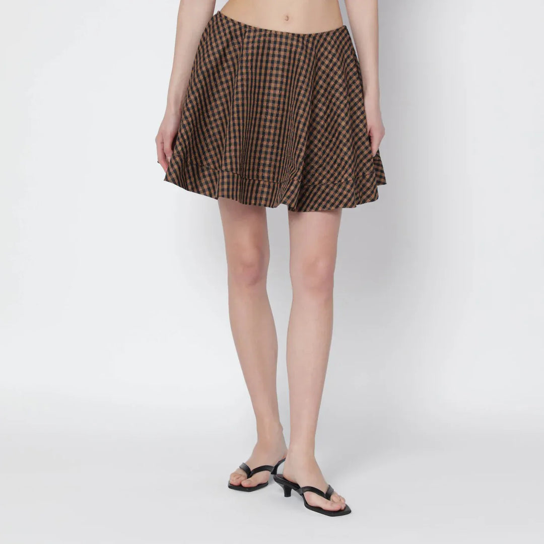 GANNI - Brown/black gingham flared mini skirt Brand Skirts