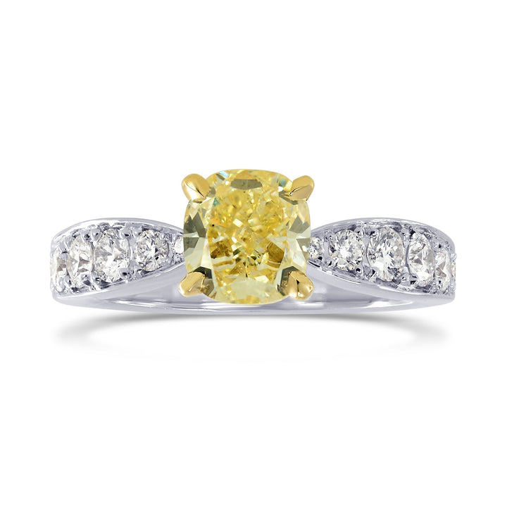 Leibish Fancy Yellow Cushion Diamond Side Stone Ring